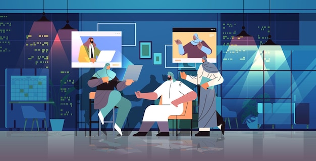 arab businesspeople team discussing during video call virtual conference online communication teamwork concept night office interior horizontal full length vector illustration