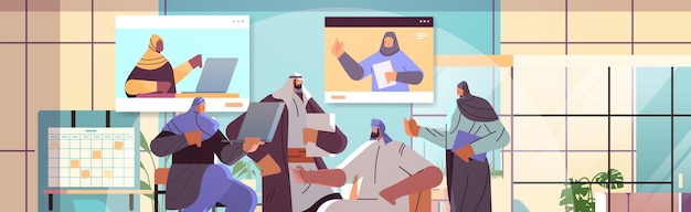 arab businesspeople team discussing with arabic colleagues in web browser windows during video call virtual conference online communication teamwork concept horizontal portrait vector illustration