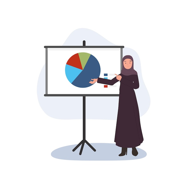 Arab businesswoman presenting financial circle graph on board full length of arabic business woman making presentation Vector illustration