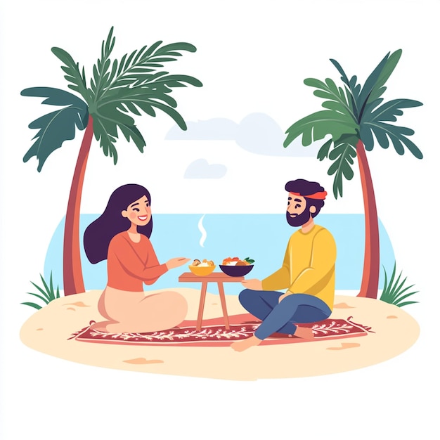 Vector arab couple iftar on the beach