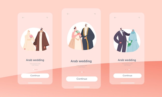 Arab Couples Wedding Ceremony Mobile App Page Onboard Screen Template Traditional Muslim Groom and Bride Characters