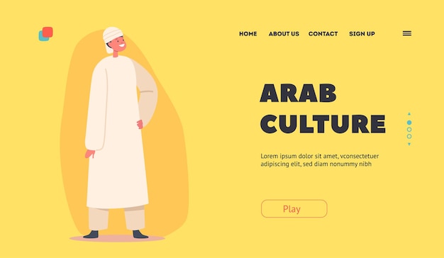 Vector arab culture landing page template arabian boy wear traditional clothes preteen child male character in long dress