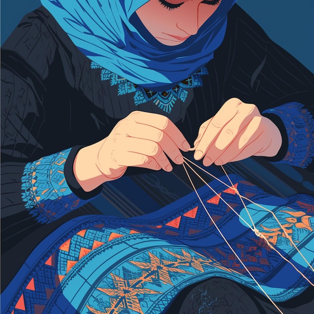 Vector arab elderly woman knitting a blanket