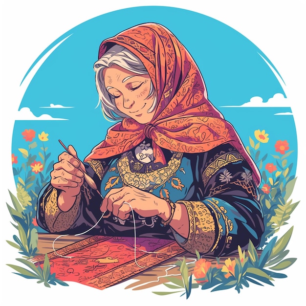 Arab Elderly Woman Practicing Embroidery