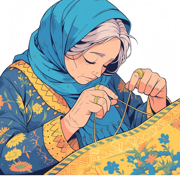 Arab Elderly Woman Practicing Embroidery