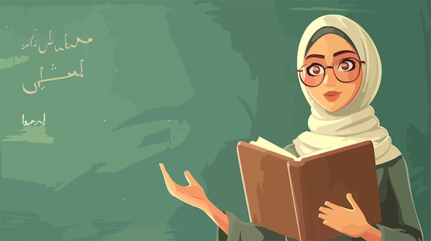 Vector arab female teacher with book near blackboard vector illustration