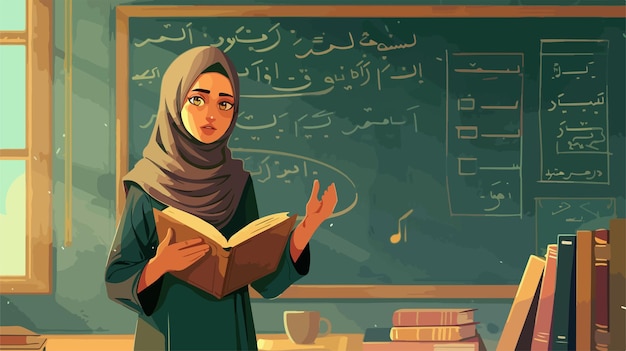 Vector arab female teacher with book near blackboard vector illustration