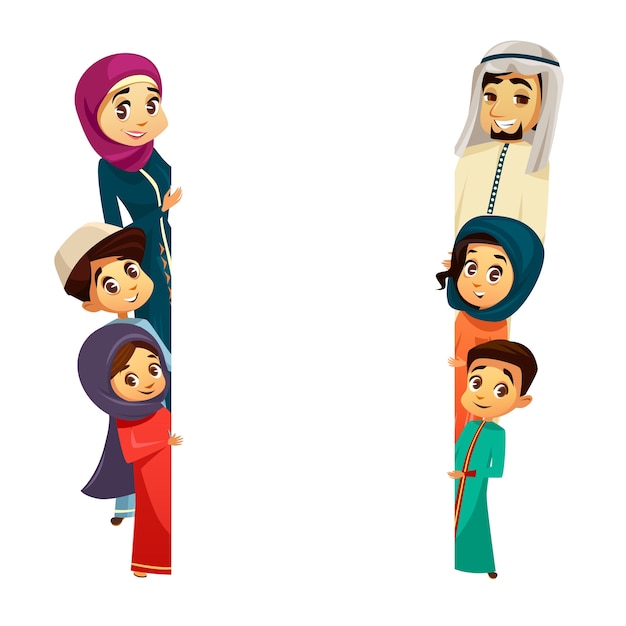 arab khaliji family characters peeping from behind empty blank space