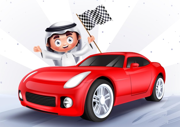 Arab kid character vector design. Saudi arab boy with red sports car elements cheering and holding.