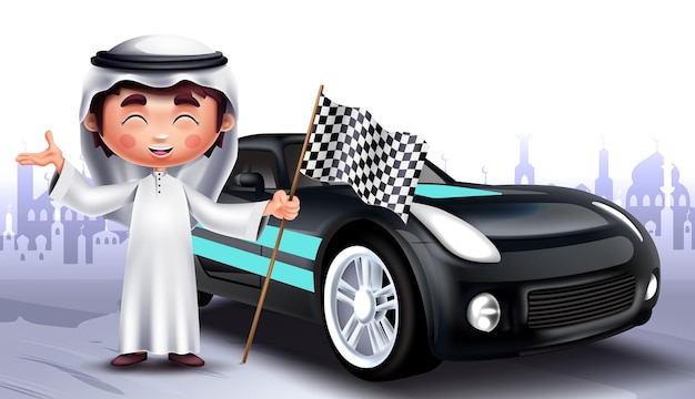 Arab kid vector character design. Saudi arab cute boy smiling and holding flag race with black.