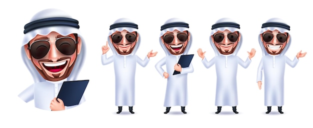 Arab man characters vector set design. Saudi man cool handsome character with sunglasses collection.