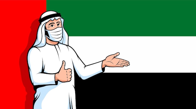 Arab man in fase mask thumbs up on UAE flag background Muslim person during a pandemic