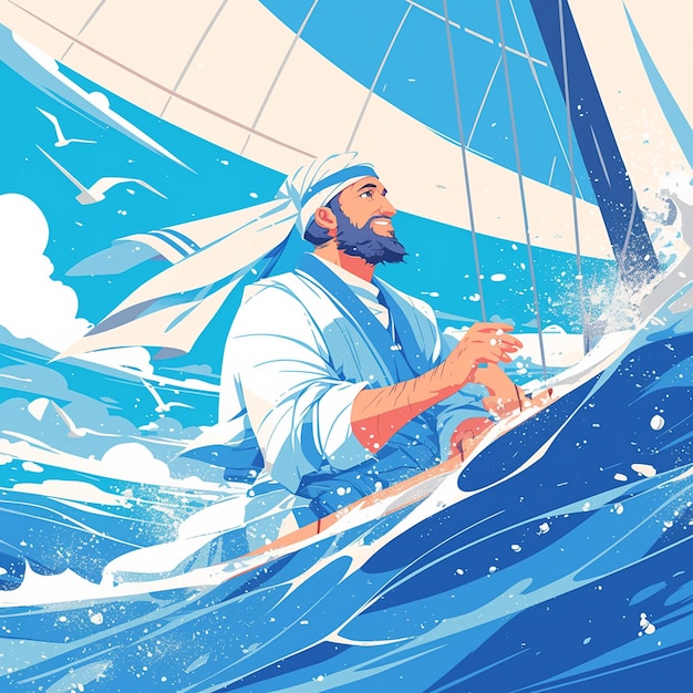 Vector arab man in his teens learning to sail