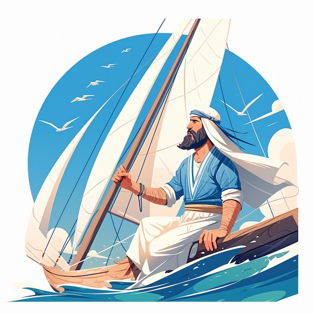 Vector arab man in his teens learning to sail