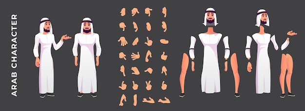 Arab man's body parts and different hand gesture set