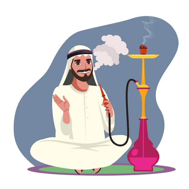 arab man smoke hookah pipe exhale thick white smoke and sitting on floor