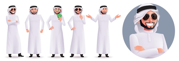 Arab man vector character set design. Rich arabian male characters with wealthy gestures and element