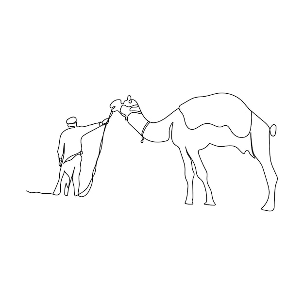 Arab man with camel on the desert. One line drawing art. Hand drawn vector illustration.