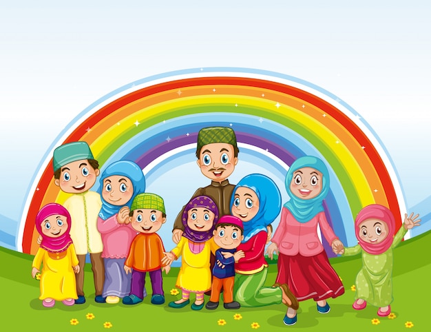 Arab muslim family in traditional clothing and rainbow background