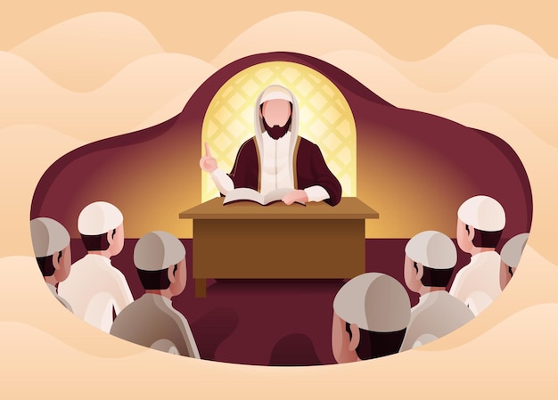 Arab Muslim or Moslem Scholar Teaching in Front of Audience in Mosque Cartoon Illustration