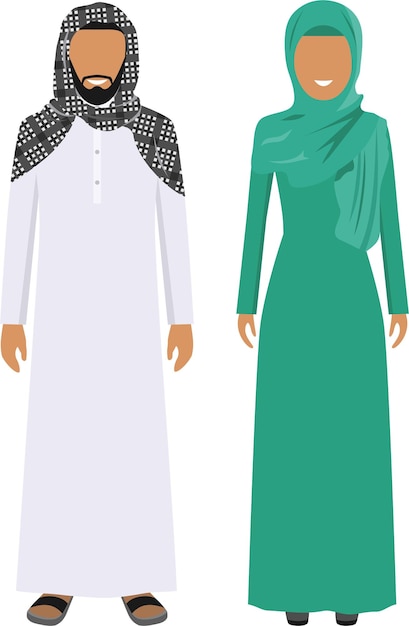 Vector arab people man and woman standing together in traditional muslim arabic clothing in flat style