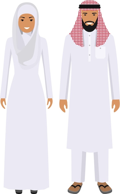 Arab People Man and Woman Standing Together in Traditional Muslim Arabic Clothing in Flat Style.