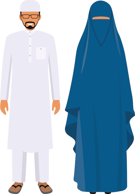 Vector arab people man and woman standing together in traditional muslim arabic clothing in flat style