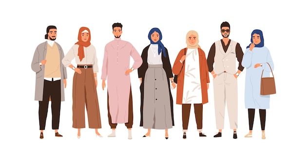 Arab people in modern outfits. Group portrait of Muslim Arabian man and woman in stylish clothes and headwear. Oriental Saudi humans. Flat graphic vector illustration isolated on white background