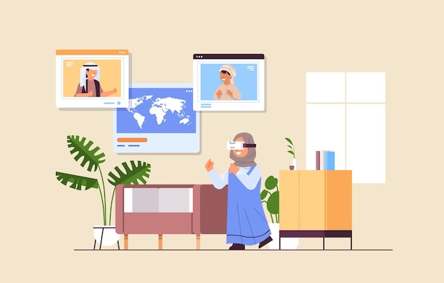 arab schoolgirl wearing vr headset arabic schoolchildren in web browser windows discussing during video call horizontal full length vector illustration