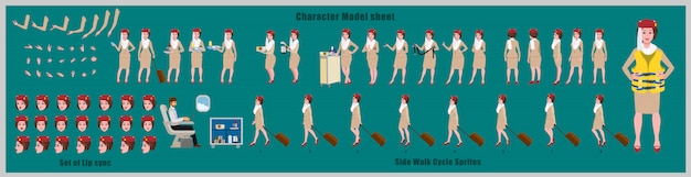 Arab Stewardess Character Design Model Sheet with walk cycle animation. Girl Character design. Front, side, back view and explainer animation poses. Character set with various views and lip sync