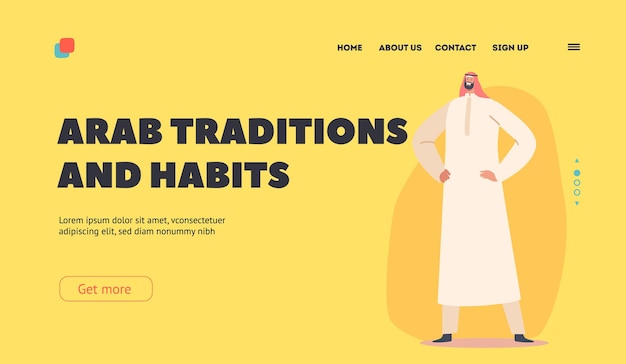 Arab Traditions and Habits Landing Page Template Saudi Male Character Wear Thawb or Kandura Dress Arabian Man