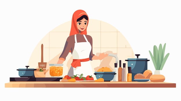 Arab Woman Cooking in Kitchen with Young Girl in Hijab