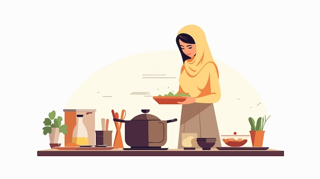 Arab Woman Cooking in Kitchen with Young Girl in Hijab