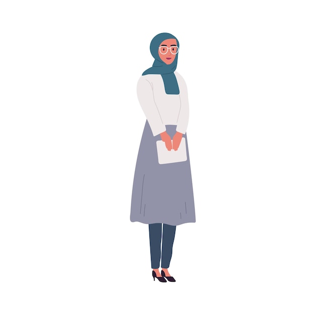 Arab woman in glasses wearing modern outfit. Portrait of female character in formal dress and hijab holding tablet. Stylish businesswoman. Flat vector cartoon illustration isolated on white.