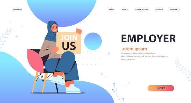 arab woman hr manager holding we are hiring join us poster vacancy open recruitment human resources concept full length copy space horizontal vector illustration