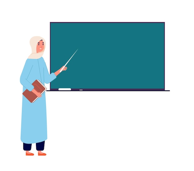 Vector arab woman teacher. muslim businesswoman at blackboard, islamic school office. cartoon female in hijab teaching students vector illustration. teacher arab woman in hijab show to blackboard