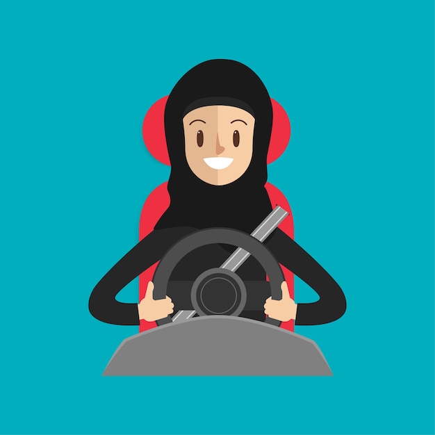 Arab woman with a safety belt driving a car on the way.