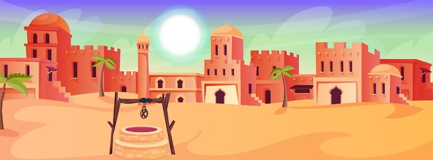 Vector arabian cityscape architecture cartoon buildings water well muslim antique mosque traditional town arab house silhouettes historical authentic middle east religion urban vector illustration