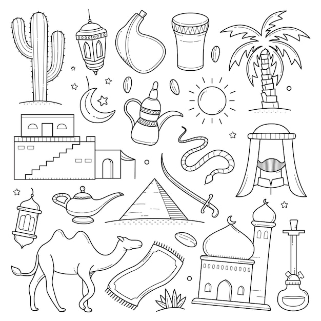 Arabian desert and culture outline doodle hand drawn vector illustration