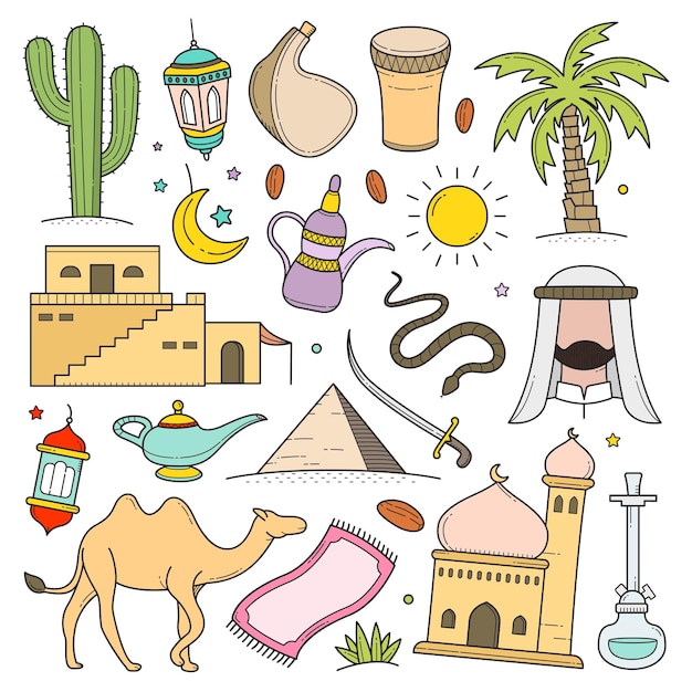 Arabian desert and culture outline doodle hand drawn vector illustration