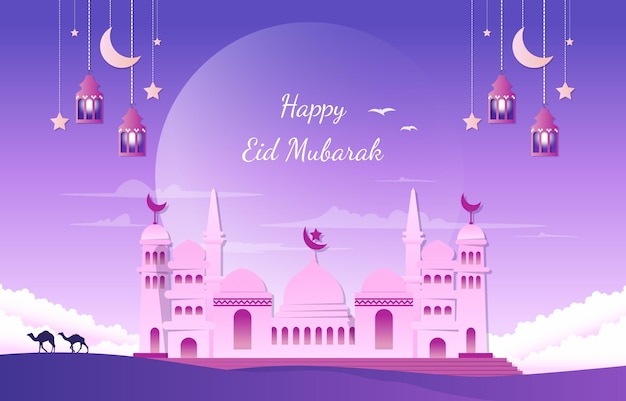 Arabian Happy Eid Mubarak Muslim Islamic Celebration Vector Illustration