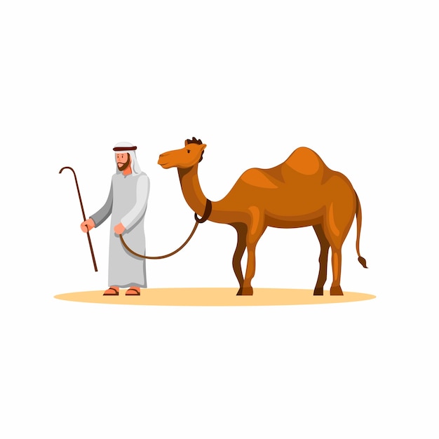 Vector arabian man walk with camel in dessert, animal pet in east asia in cartoon illustrtion  on white background