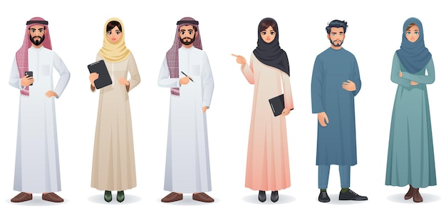 Arabian man and woman portrait full height traditional muslim female and male character Saudi national wear Islamic young family Beard and mustache Family couple Vector illustration