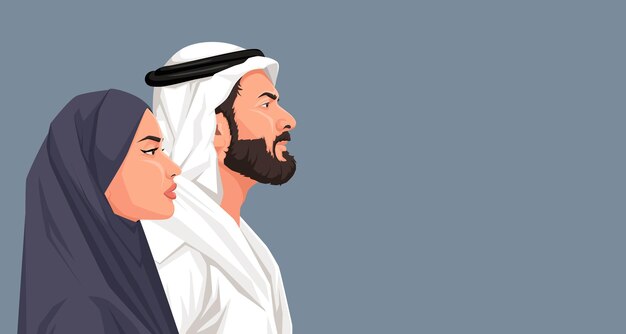 Vector arabian man and woman side portrait traditional muslim female and male character saudi national wear islamic young family beard and mustache lovely couple vector illustration