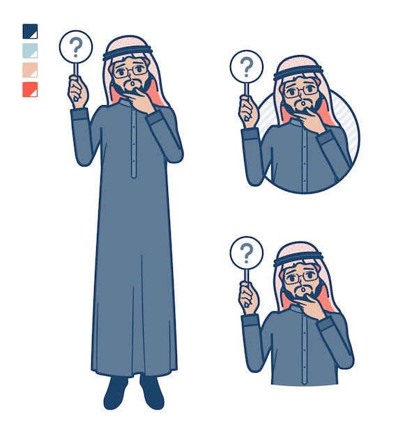 A arabian middle man in Black costume with Put out a question panel images