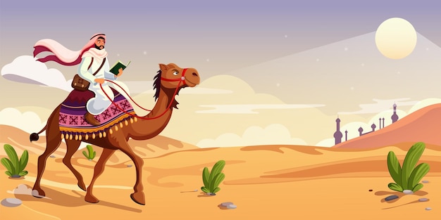 Vector arabian rider mounted brown camel travel around sahara desert decorated saddle man upon wildlife animal with hump safari transportation east tale isolated on white background vector illustration