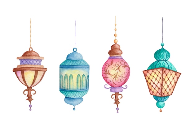 Vector arabian style watercolor colorful hanging lantern set collection