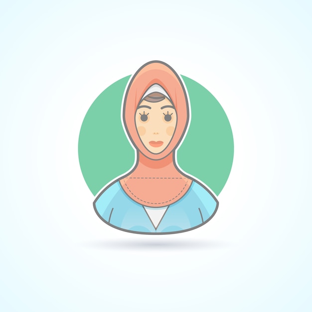 Arabian woman in traditional national cloth, muslim icon. Avatar and person illustration.  colored outlined style.