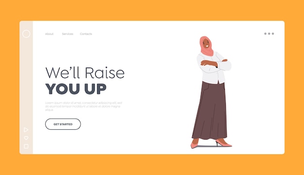 Arabic Business Woman with Crossed Arms Landing Page Template Arabian Female Character Dressed in Traditional National Hijab and Long Skirt with Blouse Cartoon People Vector Illustration