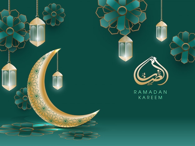 Arabic calligraphic text Ramadan Kareem, crescent golden moon decorated floral, and hanging illuminated lanterns on floral background on teal green background. Islamic holy month of prayers concept.